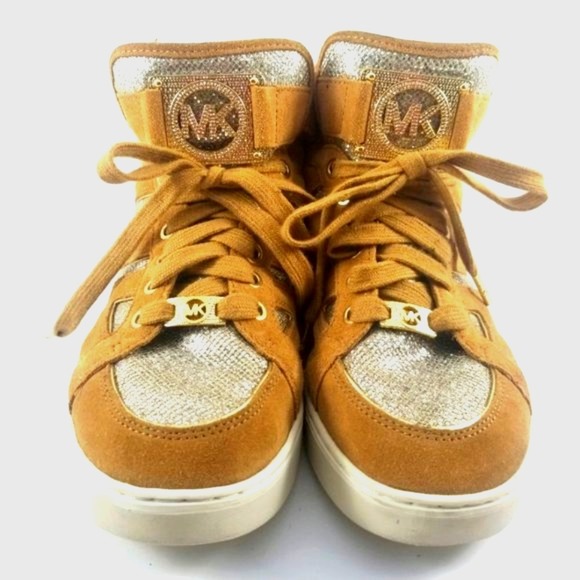 Michael Kors Shoes - Michael Kors Womens Tan Suede Silver Glitter High Top Hidden Wedge Sneakers